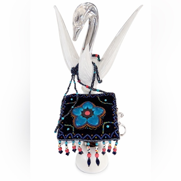 Handbags - Beaded Blue Velvet Navy Mini Bag with Turquoise accents, gorgeous Floral Motif.